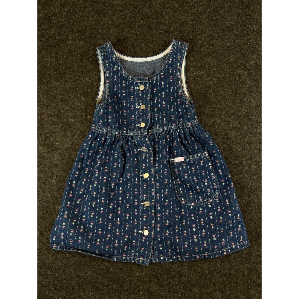 Vintage 90s Lee Girls Blue Denim Floral Stripe Jumper Dress Sleeveless Size 5